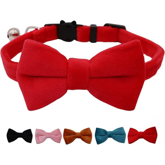Cat Collar Breakaway with Bell and Removable Bow Tie Safety Buckle Velvet Adjustable 7-11 inches for Kitten Cats (Red)