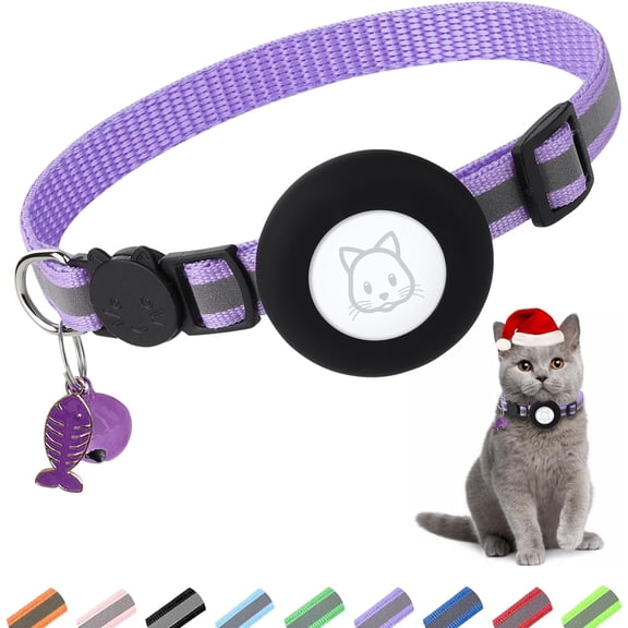 Cat Collar, Cat Collar with Bell and Safety Buckle in 3/8" Width, Reflective Collar with Waterproof Holder Compatible with Apple for Cat Dog Kitten Puppy (Purple)