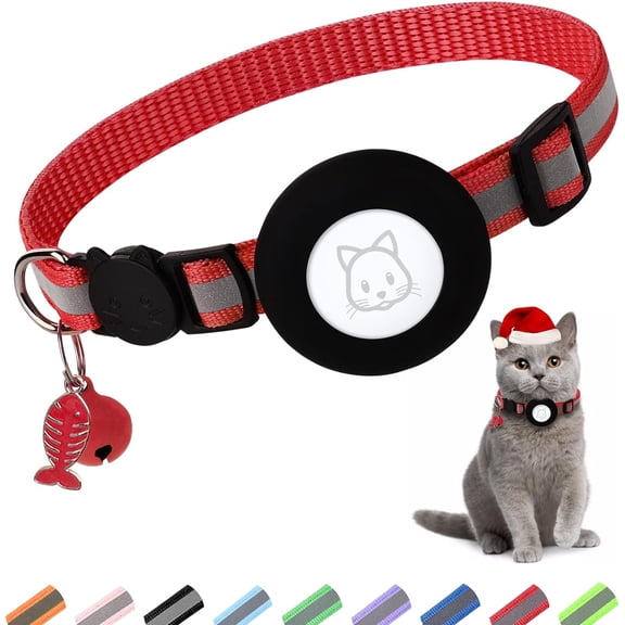 Cat Collar, Cat Collar with Bell and Safety Buckle in 3/8" Width, Reflective Collar with Waterproof  Holder Compatible with Apple  for Cat Dog Kitten Puppy (Red)