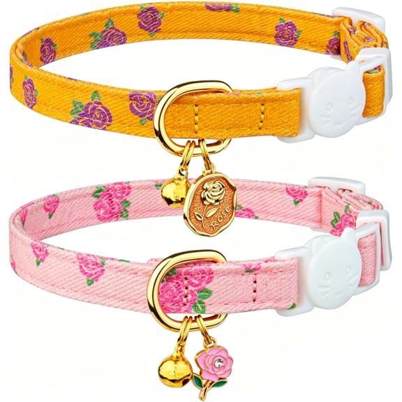 Cat Collar, Rose Printed Soft Twill Fabric Pet Collar with Safety Breakaway Buckle Metal D Ring Bell Adjustable Collar for Kittens Adult Cats Small Dogs