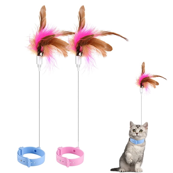Cat Collar Silicone, Hands Free Toy with Bell and Feather/Blue