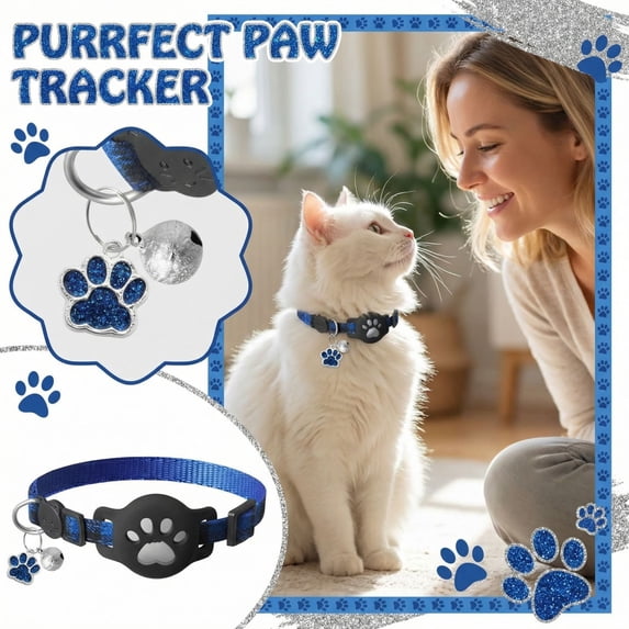 Cat Collar with Waterproof GPS Tracker Holder, Striking Collar for Cat with Safety Buckle and Waterproof Air Tag Holder in 3/8" Width, Cat GPS Tracker Collar Compatible with Apple Airtag(Blue)