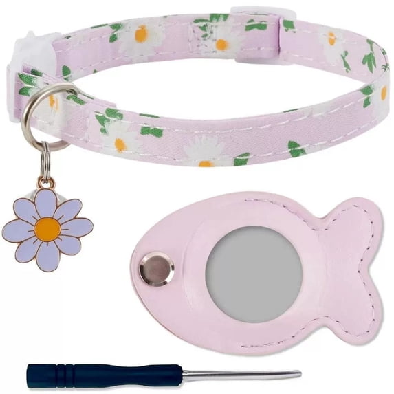 Cat Collar for Airtag, Anti-Lost & Trackable with PU Fish Shape Bell, Daisy Pattern & Pink Color, for Cats