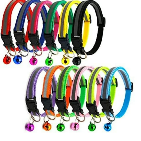 Cat Collar with Bell - 12pcs Mixed Colors Reflective Collars for Cats or Small Dogs, Soft Nylon, Neck 7.8" - 13"