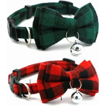 Cat Collar with Bell and Bow, 2-Pack Plaid Kitten Collar with Bell, Bowtie Puppy Collars for XXS Xs Small Little Pet Tiny Dogs
