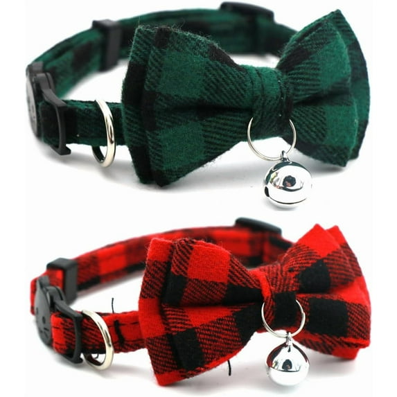 Cat Collar with Bell and Bow, 2-Pack Plaid Kitten Collar with Bell, Bowtie Puppy Collars for XXS Xs Small Little Pet Tiny Dogs