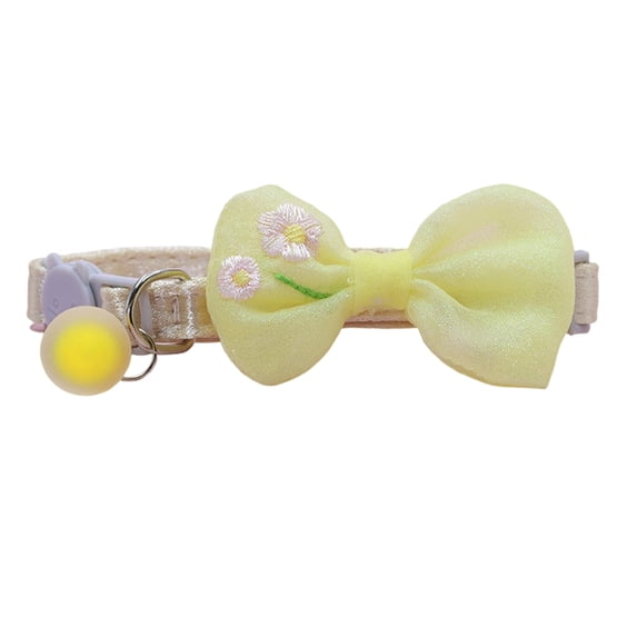 Cat Collar with Bow Tie and Bell Adjustable Breakaway Safety Floral Embroidery Soft Fabric for Kittens and Cats, Yellow