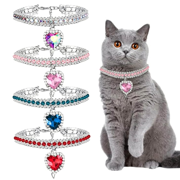 Cat Collar with Heart Pendant Adjustable Diamond Dog Necklace Sparkling Pet Jewelry for Small Dogs Puppies Cats Kittens Accessories Light Purple