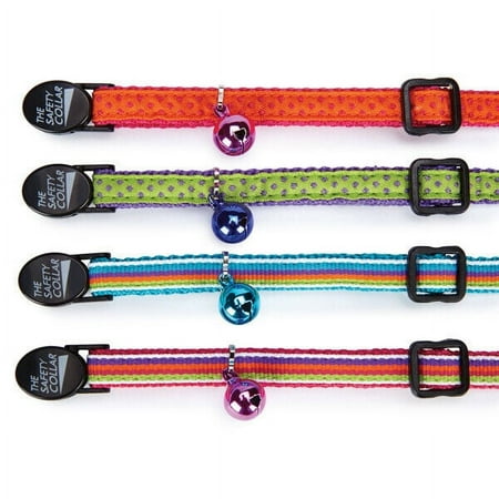 Cat Collars Bright Color Nylon Ribbon Jingle Bell Fashionable Patterns 8" to 12" (Collar Set - All 4 Patterns)