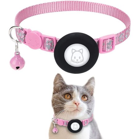 Cat Collars Buckle for Airtag Holder Bell Pendant Cat Tie Pet Supplies Reflective Strap(Pink)