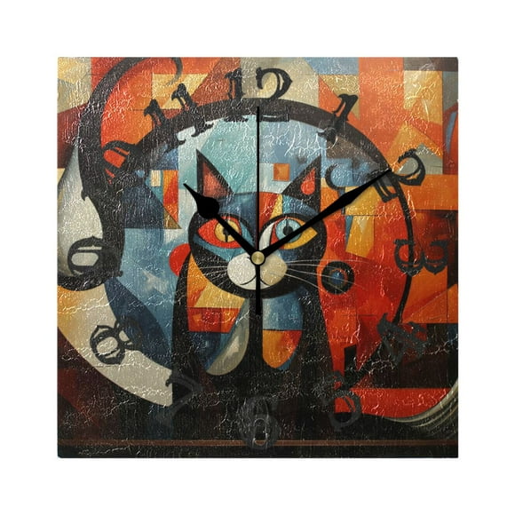 Cat Color Blocks Wall Clock Square Silent Non Ticking Battery Operated Clock for Home Bathroom Kitchen Bedroom Living Room