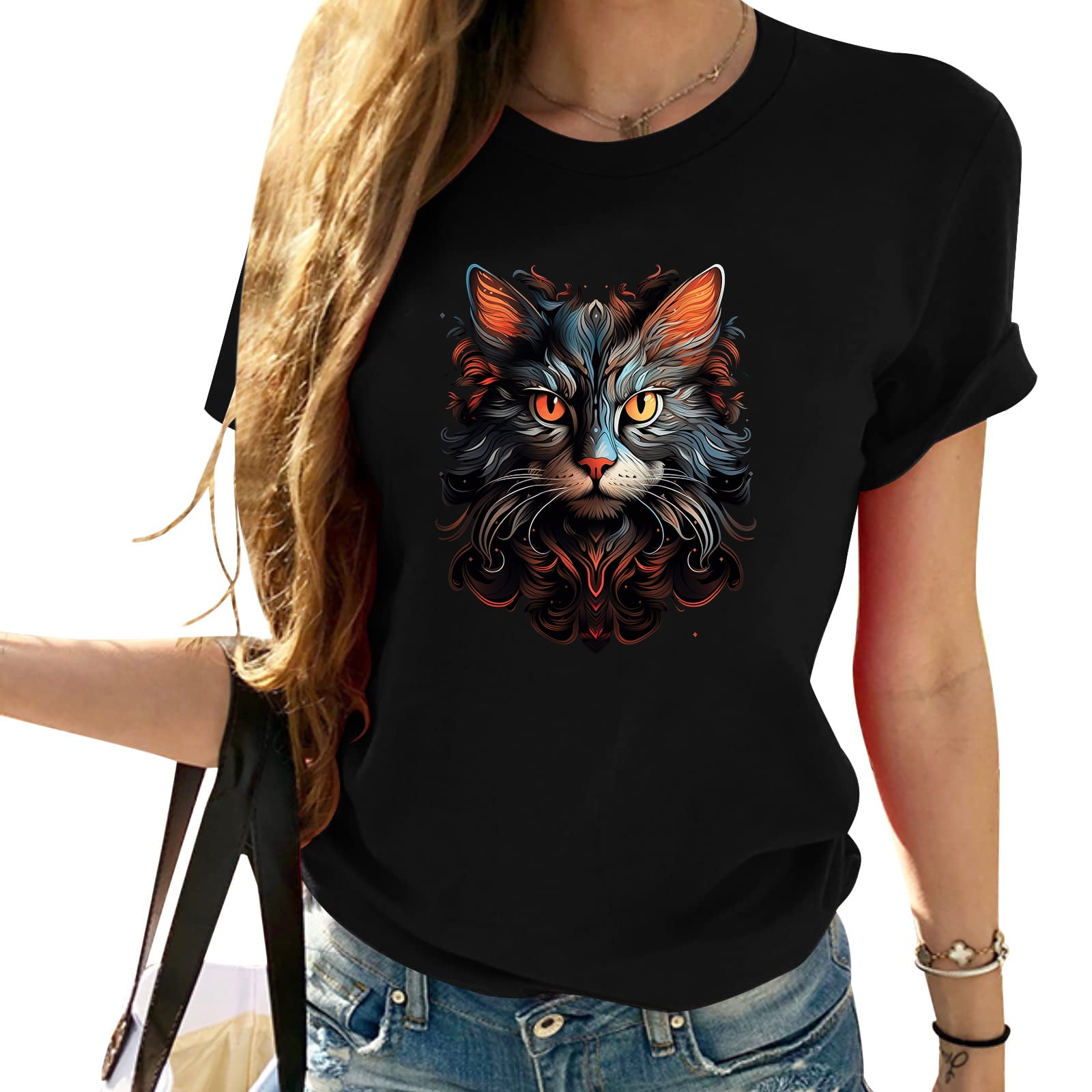 Cat Colorful Cool Vintage Short Sleeve T Shirt For Women Perfect Gift cat-colorful-cool-vintage-short-sleeve-t-shirt-for-women-perfect-gift