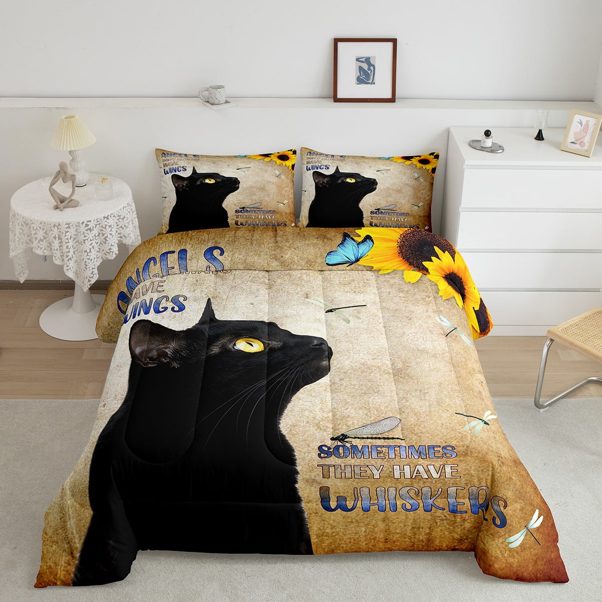 Cat Comforter Set Sunflower Black Cat Theme Bedding Comforter Sets