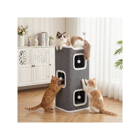 Cat Condo 3-Tier Foldable Cat House with Scratching Board and Hanging Toy, Triple Level Cat Cube Bed for Indoor Cats, Hiding Spot, Dark Grey