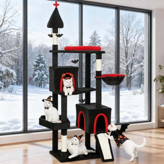 Cat Condo, 78"Cat Tree Cat Tower with Coffin Bed, Black Multi Cat Tree,Cotton,Particle Board Cat Tower, Pet Supplies Trees & Condos