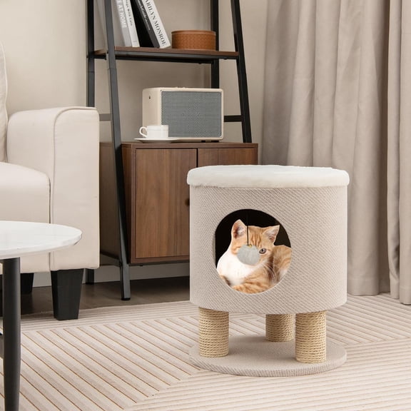 Cat Condo Stool for Indoor Cats, Pet House Ottoman & Kitty Bed with Scratching Posts & Plush Ball Toy, 3-in-1 Modern Cat Condo Furniture for Small & Medium Cats (Beige)