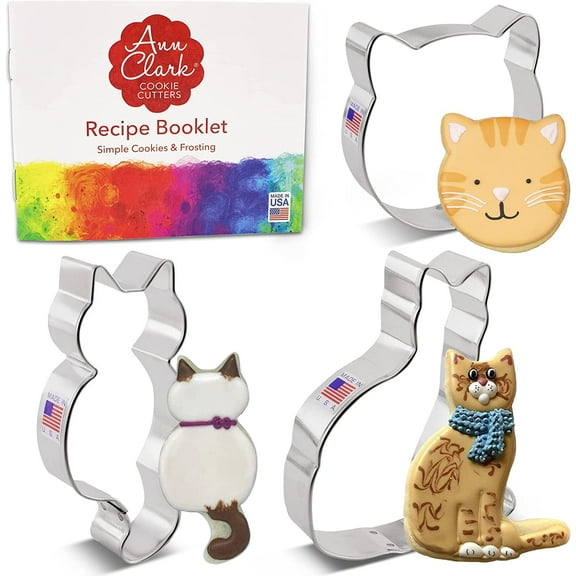 Cat Cookie Cutters 3-Pc. Set Made in USA by Ann Clark, Cat Face, Sitting Cat, Curled Cat