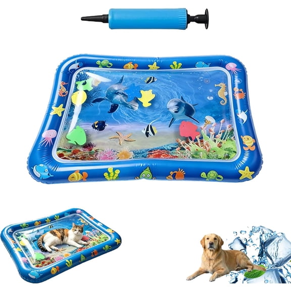 Cat Cooling Mat - Inflatable Water Sensory Play Mat with Pump, Pet Cooling Pad with Exercise Swatting Hunting, Interactive Cat Toys Anti-Scratch Leak Proof Play Mat (Blue)