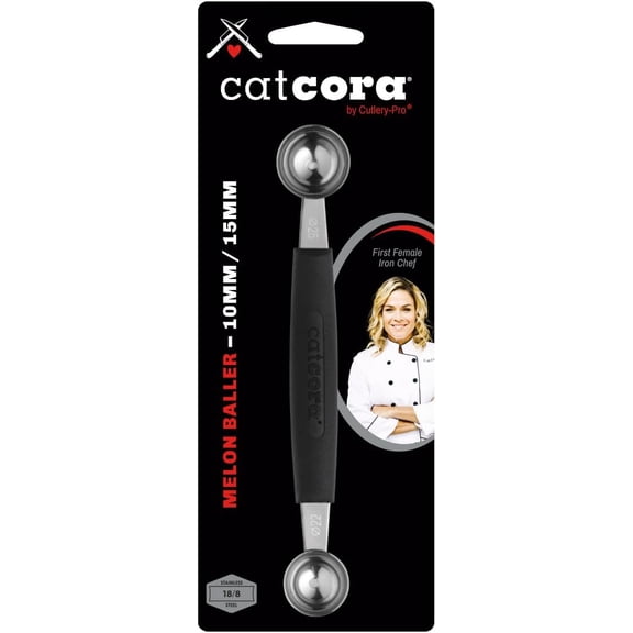Cat Cora Melon Baller, Professional 18/8 Stainless Steel Dual Blades 10/15-Millimeter for Melon Balls and Garnishes, Ergonomic Soft-Grip Handle