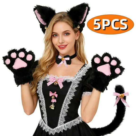 Cat Cosplay Costume Halloween Cat Costume Accessories Kitten Ears Tail Collar Paws for Women Halloween Dress Up Black Design 2