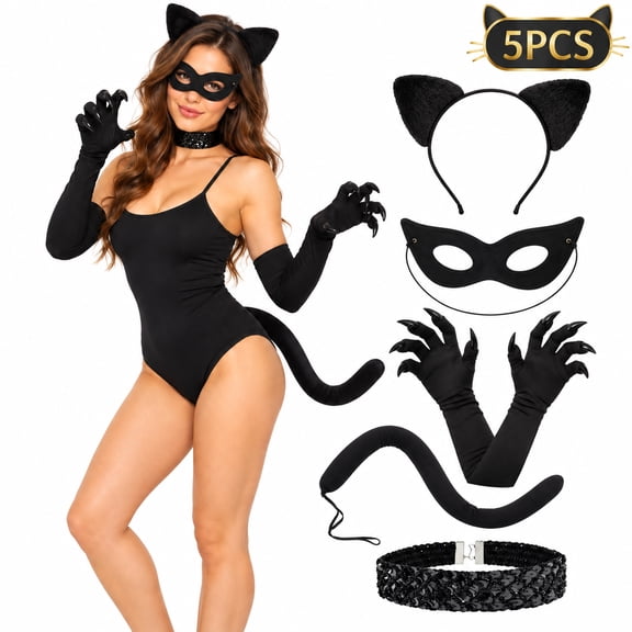 Cat Cosplay Costume Halloween Cat Costume Accessories Kitten Ears Tail Collar Paws for Women Halloween Dress Up White Design 3