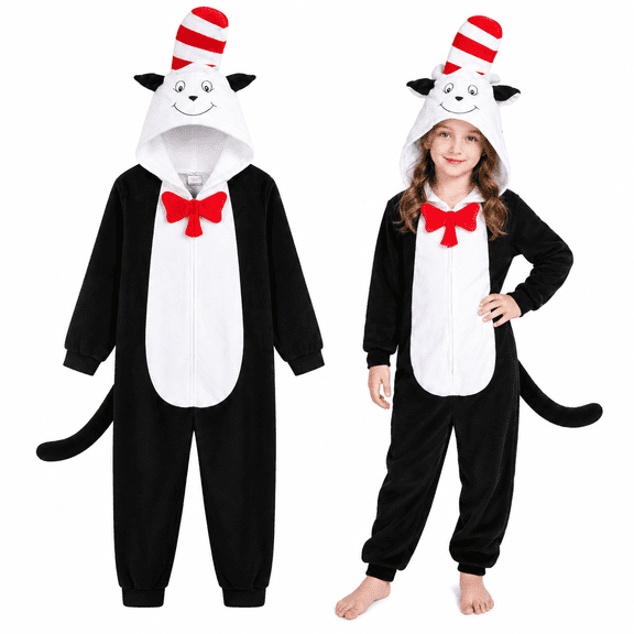 Kids Cat Halloween Cosplay Costume - Black White Jumpsuit with Red Striped Top Hat Bow Tie Hooded Halloween Dress Up Suits & Birthday Party Campus Performance Costume for Boys Girl
