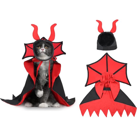 Cat Costume,Dog Halloween Costumes, Adjustable Vampire Costume with Devil Horns, Comfortable Halloween Costumes for Dogs Cats