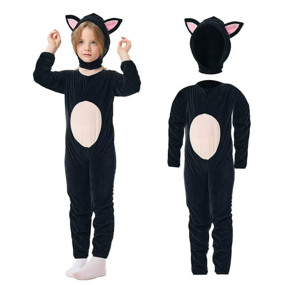 Cat Costume for Kids Animal Onesie Pajamas Black Cat with Hood for Halloween Christmas Party Homewear