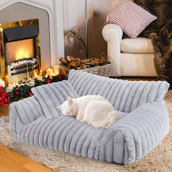 Cat Couch Bed Grey-Small, Fluffy Pet Sofa with Removable Washable Cover