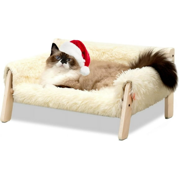 Cat Couch Bed, Pet Sofa for Indoor Cats Wooden Indoor Elevated Cat Beds with Removable Mattress Cover Suitable for Kitty, Puppy or Small Animal (Beige, Medium)