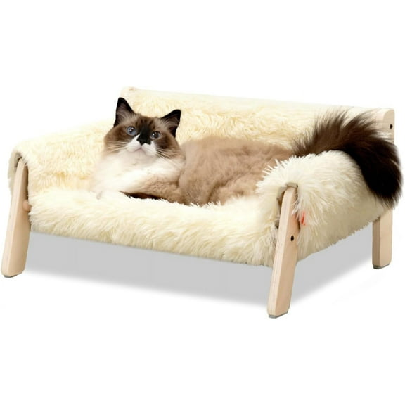Cat Couch Bed, Pet Sofa for Indoor Cats Wooden Indoor Elevated Cat Beds with Removable Mattress Cover Suitable for Kitty, Puppy or Small Animal (Beige, Medium)
