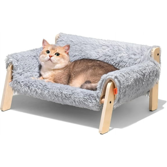 Cat Couch Bed, Pet Sofa for Indoor Cats Wooden Indoor Elevated Cat Beds with Removable Mattress Cover Suitable for Kitty, Puppy or Small Animal (Grey, Medium)