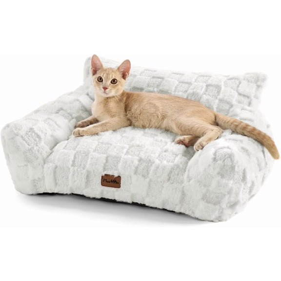 Cat Couch & Dog Couch Bed, Cute Cat Sofa, Checkered Dog Bed with Washable Cover, White, 24.0"L x 18.0"W x 9.8"Th