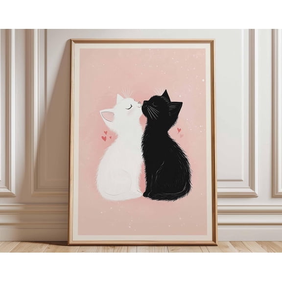 Cat Couple Black And White Cats Pink Background Wall Art Print, Unframed Paper Poster 8x10in