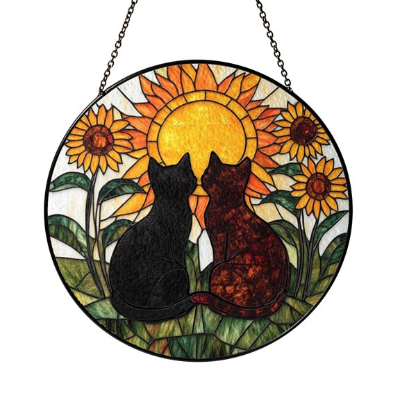 Cat Couple Floral Stained Glass Window Suncatcher, Black Orange Pet Art Hanging Decor