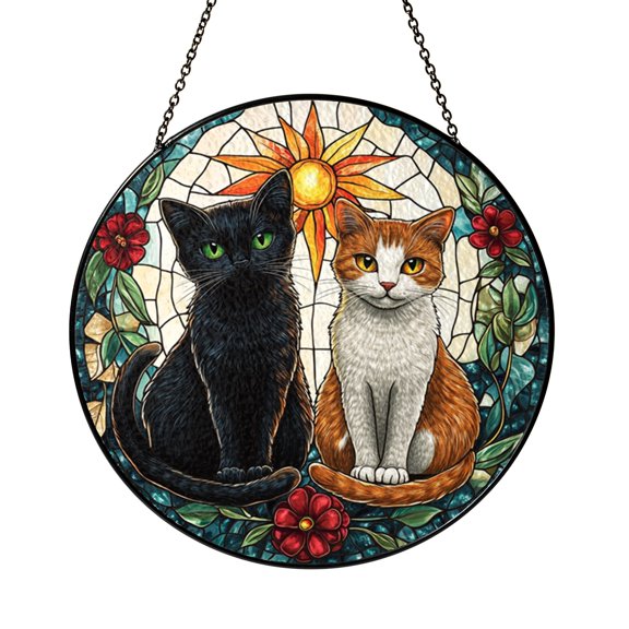 Cat Couple Glass Suncatcher Window Hanging, Stained Glass Style Garden Art with Wisteria, Charming Home Decor