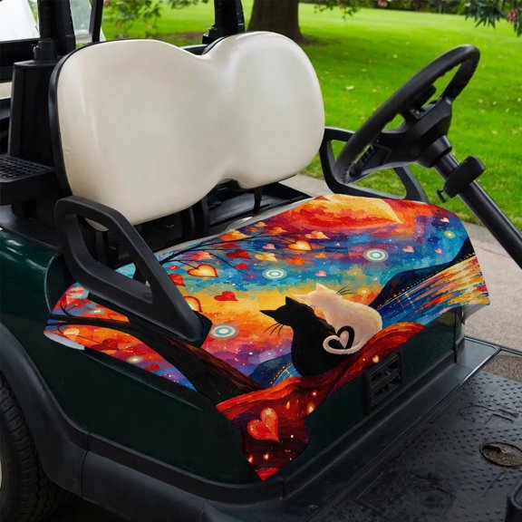 Cat Couple Golf Cart Seat Covers, 51" x 31" Universal Golf Cart Accessories for Men Women, Romantic Glowing Heart Moon Gold Blue Night Landscape Golf Cart Seat Towel Fits 2Seat Carts