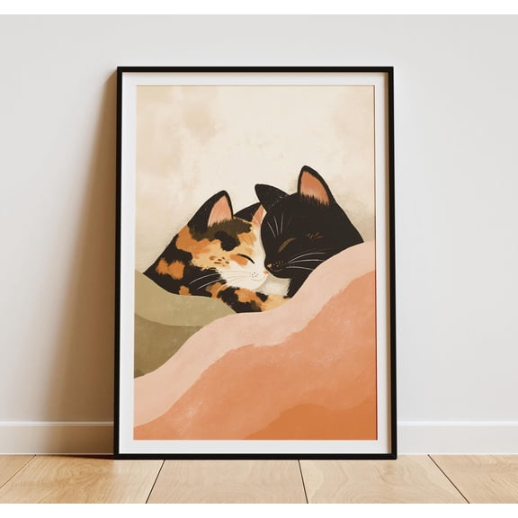 Cat Couple Hug Poster • Calico & Black Cats • Romantic Cozy Bed Art (Unframed).