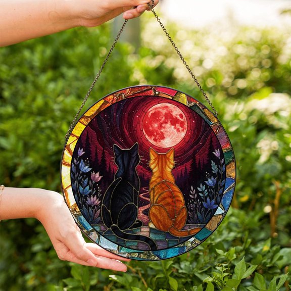 Cat Couple Moon Glass Suncatcher, Night Sky Window Hanging, Cat Lovers Anniversary Gift, Suncatcher Window Hanging, 3.5 in