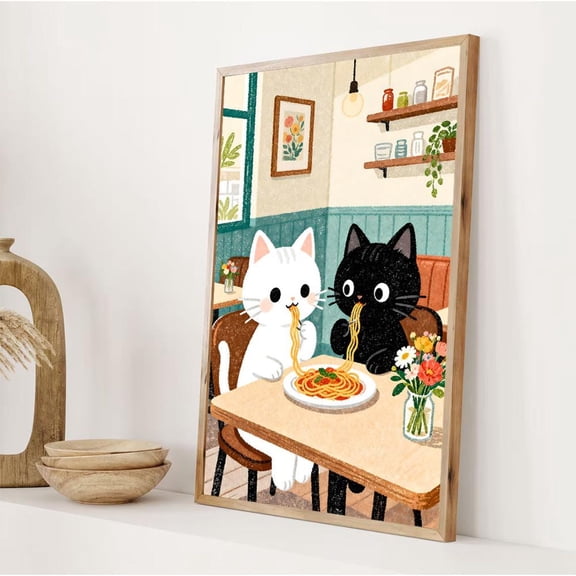Cat Couple Spaghetti Date Art Poster Adorable Kitchen Decor Home Decor, 8x12 UNFRAMED