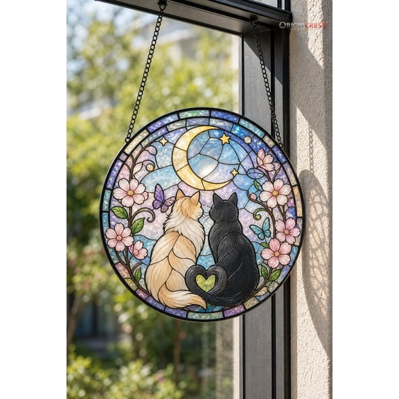 Cat Couple Stained Glass Suncatcher – Colorful Mosaic Window Hanging for Cat Lovers, Pet Memorial & Gift Decor