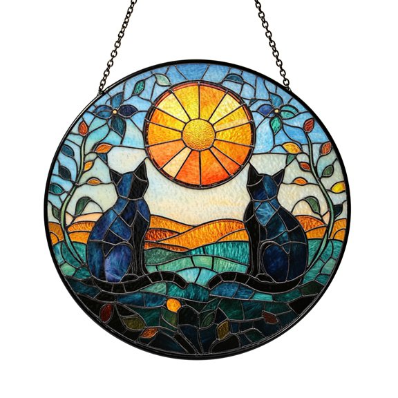 Cat Couple Sunset Stained Glass Suncatcher – Silhouette Window Hanging Decor