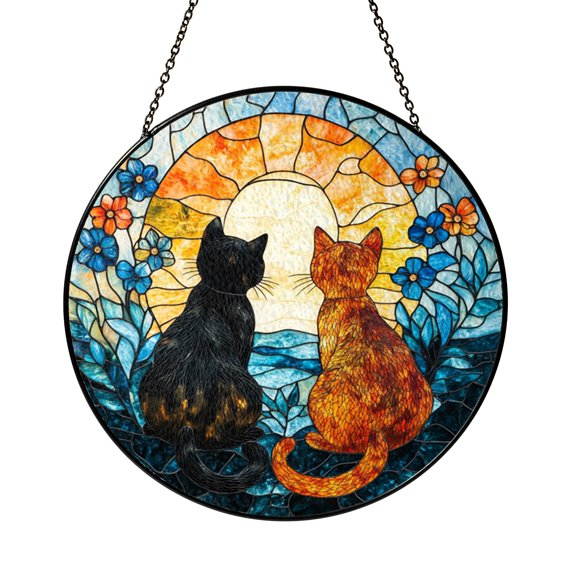 Cat Couple Sunset Stained Glass Suncatcher Window Hanging, Pet Silhouette Nature Art Decor, Romantic Home Gift for Cat Lovers