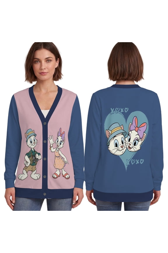 Cat Couple Travel Cardigan, Romantic Kitten Heart Pattern Knit Cardigan, Spring Vacation Long Sleeve Sweater
