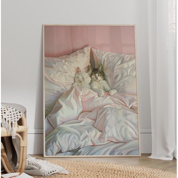 Cat Couple in Bed Romantic Wall Art Lovers Whimsical Cute Cats Pastel Pink Bedroom, Unframed Poster