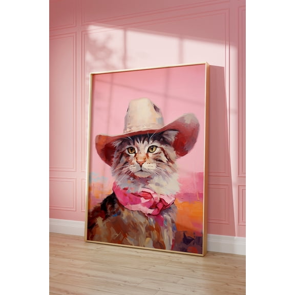 Cat Cowgirl Hat Wall Art Print, Funky Western Decor