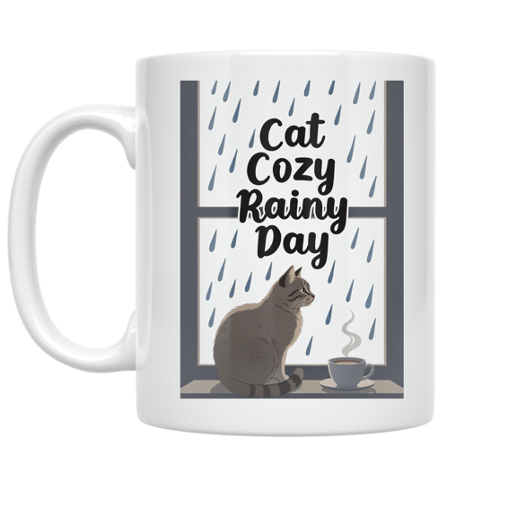 Cat Cozy Rainy Day Artwork - Cat Lover - 11 oz Ceramic Coffee Mug