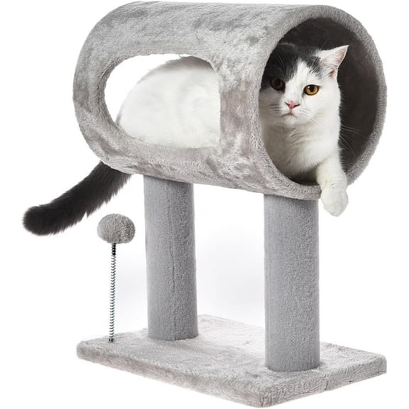 Cat Craft Cat Scratching Post with Tunnel Bed & Hanging Ball, Carpet & Engineered Wood, Light Gray, Animal