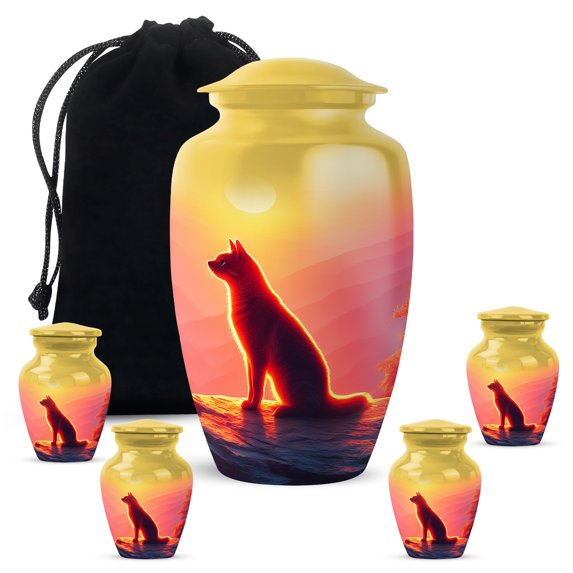 Cat Cremation Urn For Ashes, 4 Keepsake Yellow Urns For Adult Female, 1 Large Burial Urn For Cremated Remains, Funeral Urns For Boy & Girl, Adult Combo 10&3 Inch