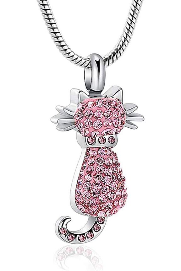 Cat Cremation Urn Pendant Funeral Pet Urn Necklace Charm With Crystal Urn Necklace for Ashes Memorial Pendant Ashes Holder Keepsakes Jewelry for Ashes for Cat Lovers